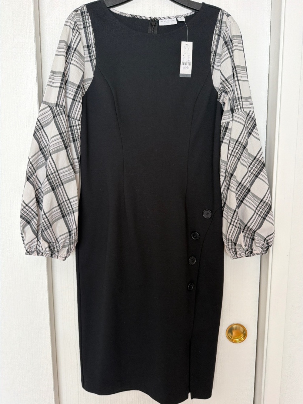 New York & Company Black Plaid Sleeve Dress – Size M